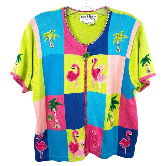 Jack B. Quick Sweaters - VTG Jack B Quick Large Sweater Flamingo Beaded Zip Beachy Coastal Novelty 345